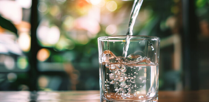 A glass of water is being poured, with the background blurred featuring an office setting. The focus should be on capturing details like the flowing liquid in motion, reflections on the surface of gla