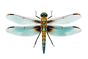 A detailed illustration of a dragonfly with blue, yellow, and brown markings on its body and wings.  The dragonfly is isolated on a black background.