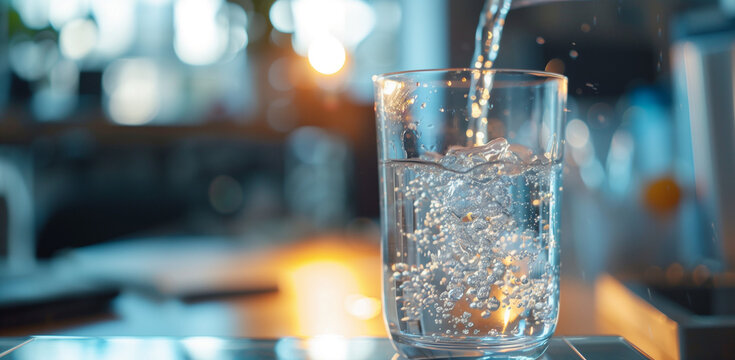 A glass of water is being poured, with the background blurred featuring an office setting. The focus should be on capturing details like the flowing liquid in motion, reflections on the surface of gla