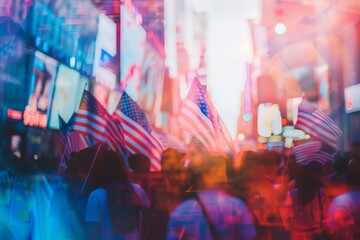 Blurry image of people waving American flags in a crowd.