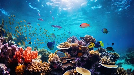 Colorful coral reef teeming with fish and marine life, crystal clear water 