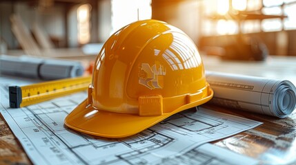 isolated hard hat with blueprints and rulers on white 