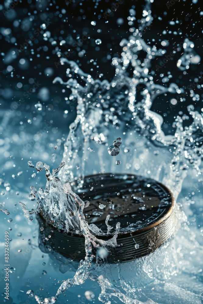 Poster A shiny coin drops into a pool of calm water, creating ripples and waves