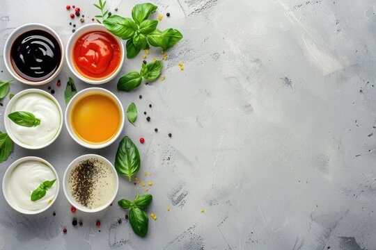 Various sauces and condiments displayed on a table, suitable for use in food photography or advertising