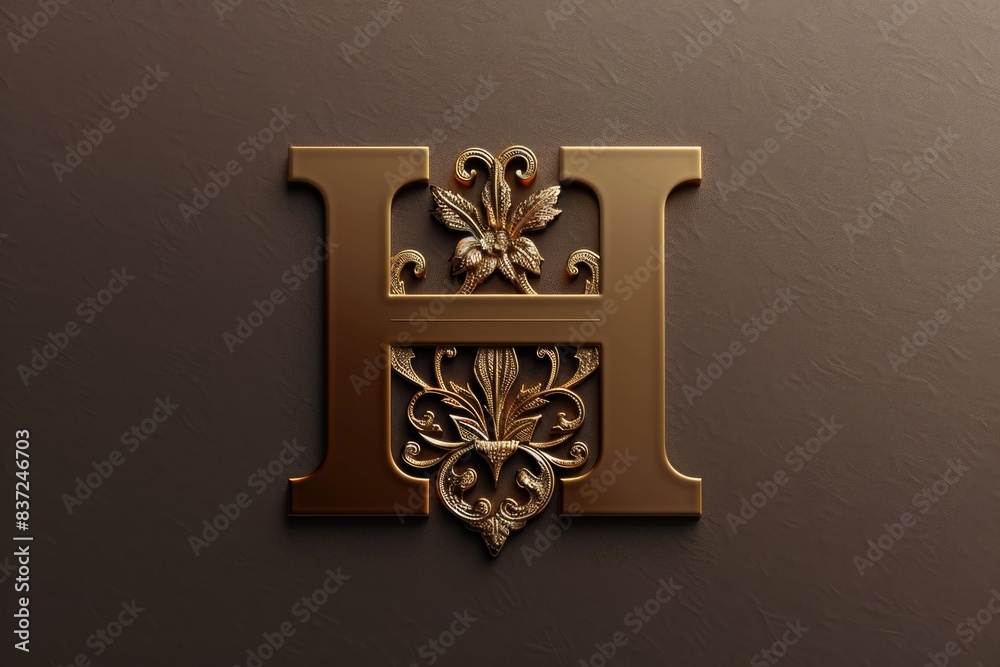 Poster a close-up shot of the letter h made of gold metal, often used as a symbol or accent in various desi
