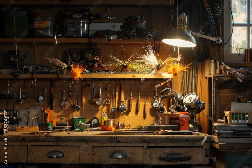 Poster a photograph of a workbench filled with different tools and equipment