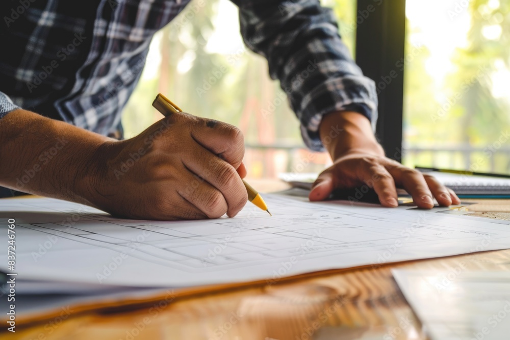 Poster a person sitting at a desk or table, holding a piece of paper and using a pencil to write