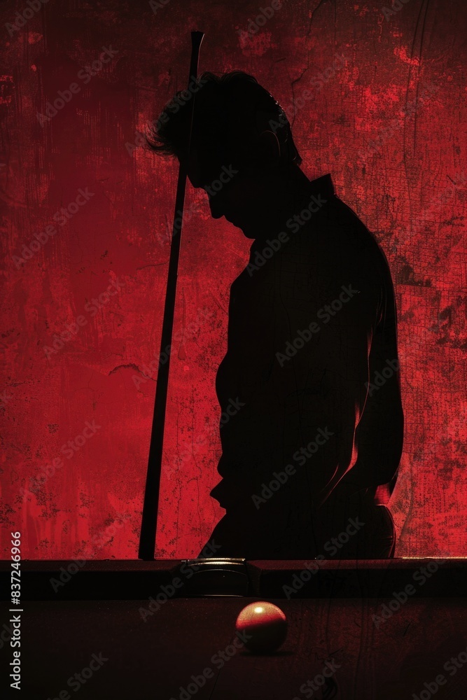 Poster a person is ready to play billiards, holding a cue stick and standing next to a pool table