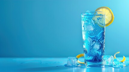 A refreshing blue raspberry soda served in a tall glass, with ice cubes and a twist of lemon, set against a cool blue background, offering a whimsical and colorful drink option.