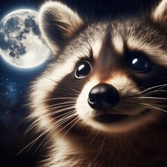 Obraz premium Waschbär sieht sich Vollmond an