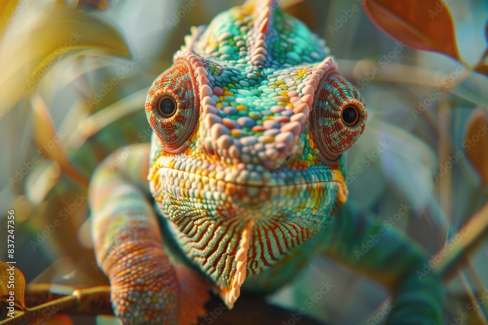 Poster a close-up view of a colorful chameleon perched on a branch, showcasing its vibrant scales and intri