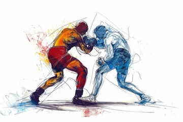 A dynamic image showing two boxers in the midst of a fierce fight, with punches flying and sweat dripping