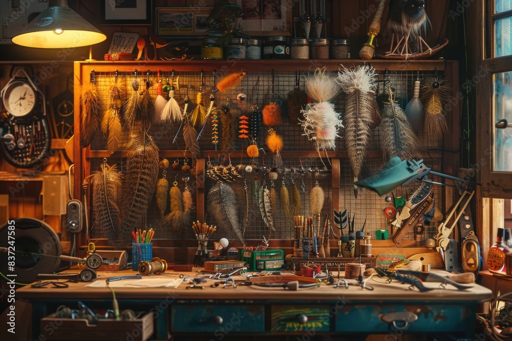 Aufkleber a workbench covered with various types of feathers