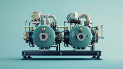 Fototapeta premium Flat design of pneumatic compressor mechanism, 3D render, front view, triadic color scheme. Perfect for engineering and industrial themes