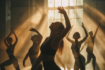 Group of dancers practicing various moves and techniques in a well-lit dance studio