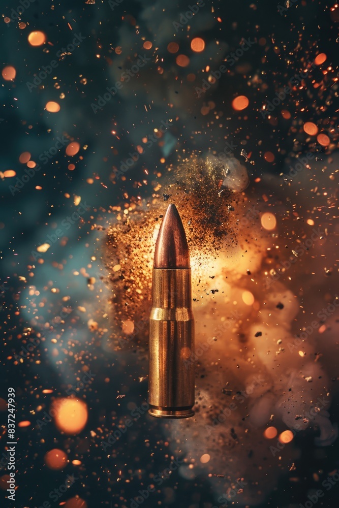 Poster A close-up image of a bullet on a dark background, suitable for use in illustrations or designs where a detailed representation of a small object is needed