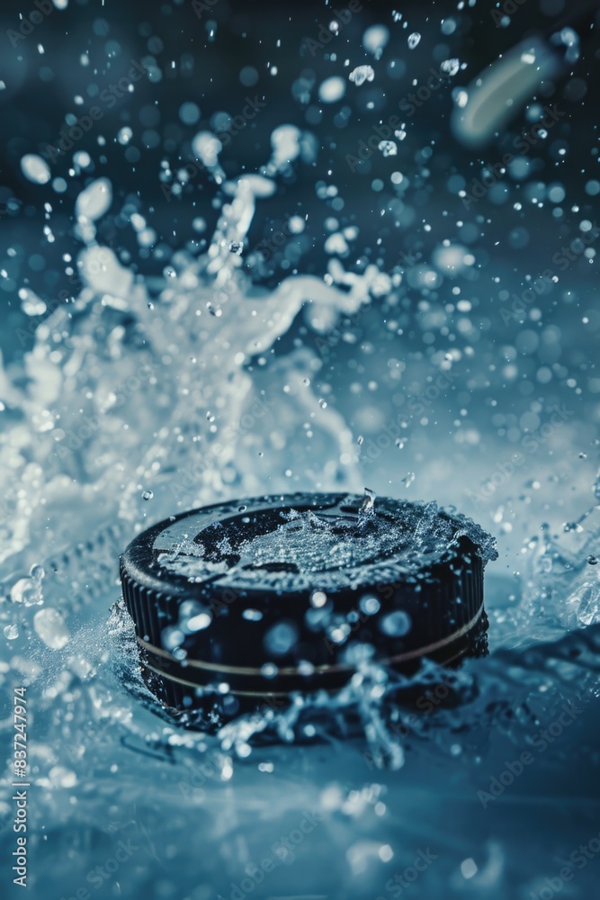 Poster a close-up shot of a tire submerged in water, suitable for use in illustrations about environmental 