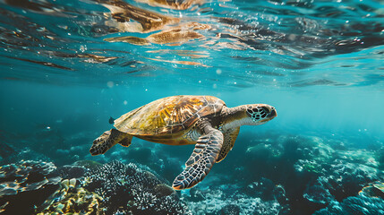 Obraz premium Turtle swimming in the ocean, celebrating World Turtle Day.