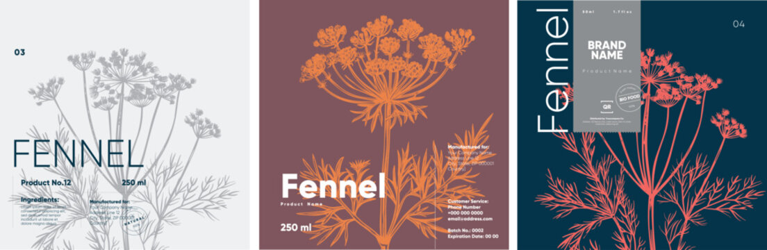 Product labels for a fennel-based product, showcasing botanical illustrations in engraving style with variations in background colors of grey, maroon, and navy.