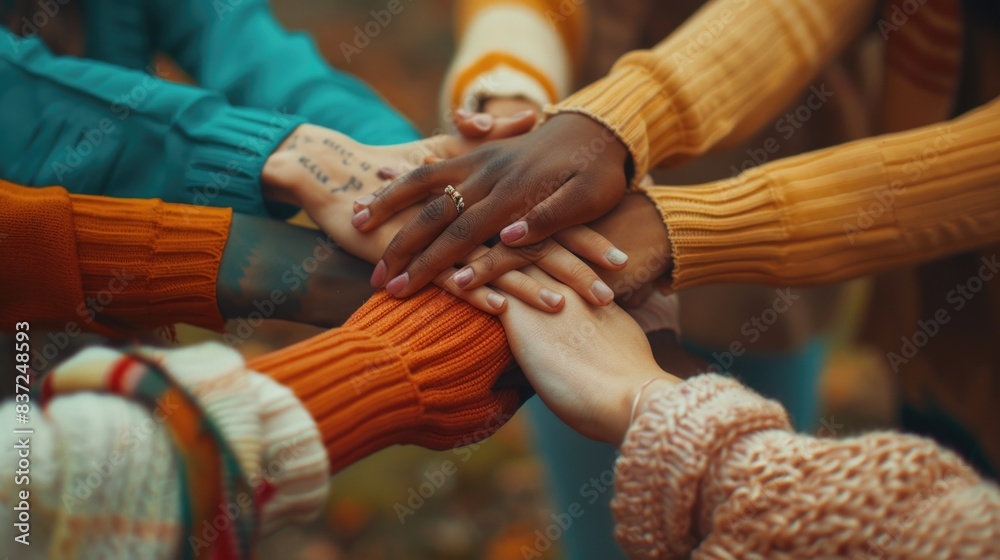 Poster a group of people forming a human chain by placing their hands together, representing unity and coop