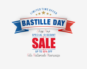 Fête Nationale Française=French National Day
Holiday design, background with handwriting texts and national flag colors for Bastille day, sales and commercial events; Vector illustration.