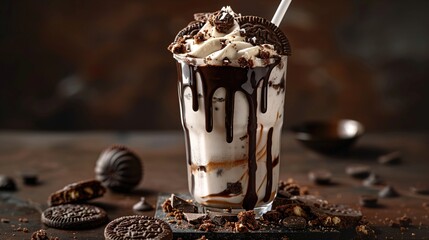 A rich and indulgent cookies and cream shake in a frosty glass, topped with crumbled cookies and a...