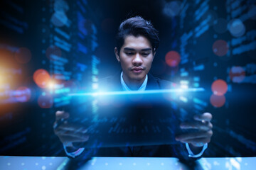 Software engineer occupation in information technology IT, analyze data, solve problems, and innovative thinking solutions. Programmer using a tablet with a virtual coding data information screen.