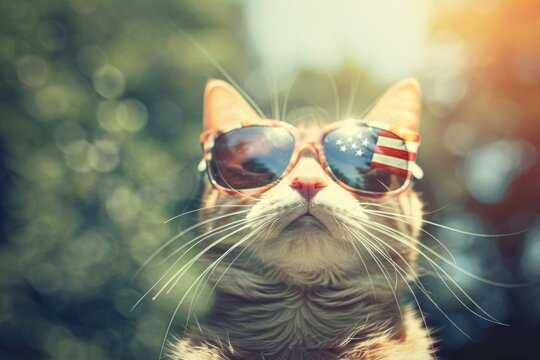 A curious cat donning sunglasses and sporting an American flag, perfect for patriotic or quirky themed uses