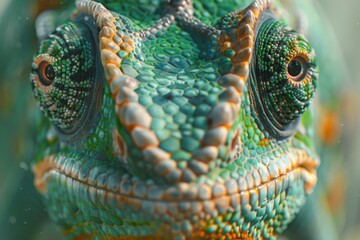 Fototapeta premium A close-up photo of a colorful chameleon's head, showing its vibrant green and orange scales