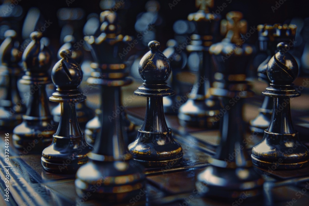 Poster a group of chess pieces sitting on a wooden chess board, waiting for the game to begin