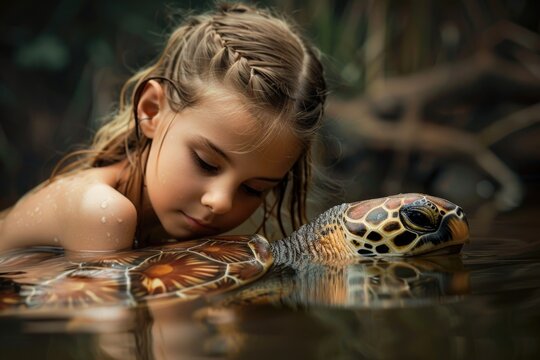 A young child holding a small turtle in a body of water, suitable for use in educational or wildlife-related contexts