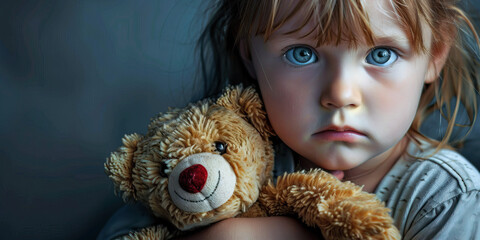 A young child clutches a teddy bear, their innocence lost to the grips of an adult world they never chose