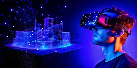 A man on a blue background in virtual reality smart glasses, a visual of the city, technology, the...