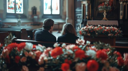 A couple sits together on a church bench, possibly praying or having a moment of contemplation - Powered by Adobe