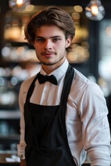 Obraz premium A person in a kitchen or workshop setting, dressed in an apron and bow tie