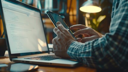 Naklejka premium A person is sitting with a cell phone and a laptop, likely multitasking or working remotely