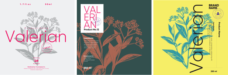 Vibrant label design series for Valerian, featuring detailed botanical engravings on contrasting colored backgrounds, emphasizing the medicinal qualities of the plant