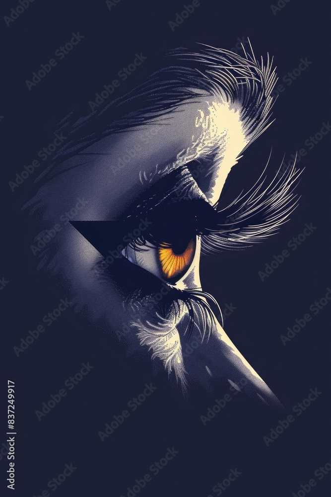 Poster A detailed view of an eye with a feather resting on the eyelid, suitable for use in editorial or advertising contexts