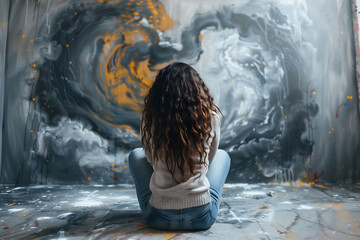 Woman backwards, sitting on the floor looking at a stormy wall, representing anxiety and depression. Mental health and psychological disorders concept.