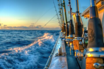 Fishing gear on a boat in the open ocean, suitable for use as stock photo in travel, leisure or outdoor recreation contexts