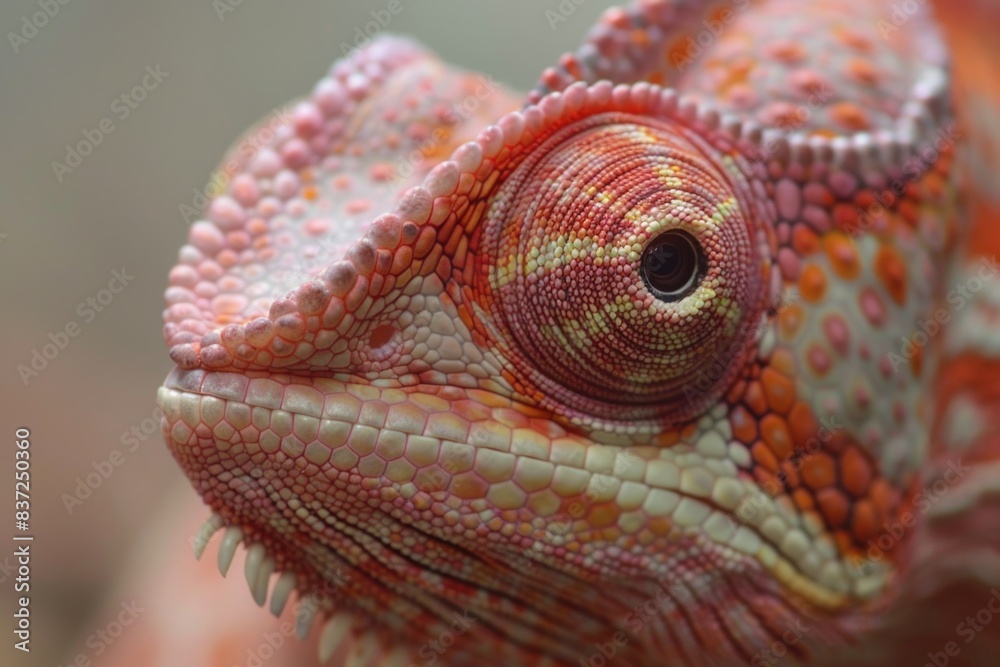 Poster a close-up view of a chameleon's head, featuring its distinctive eyes and facial features