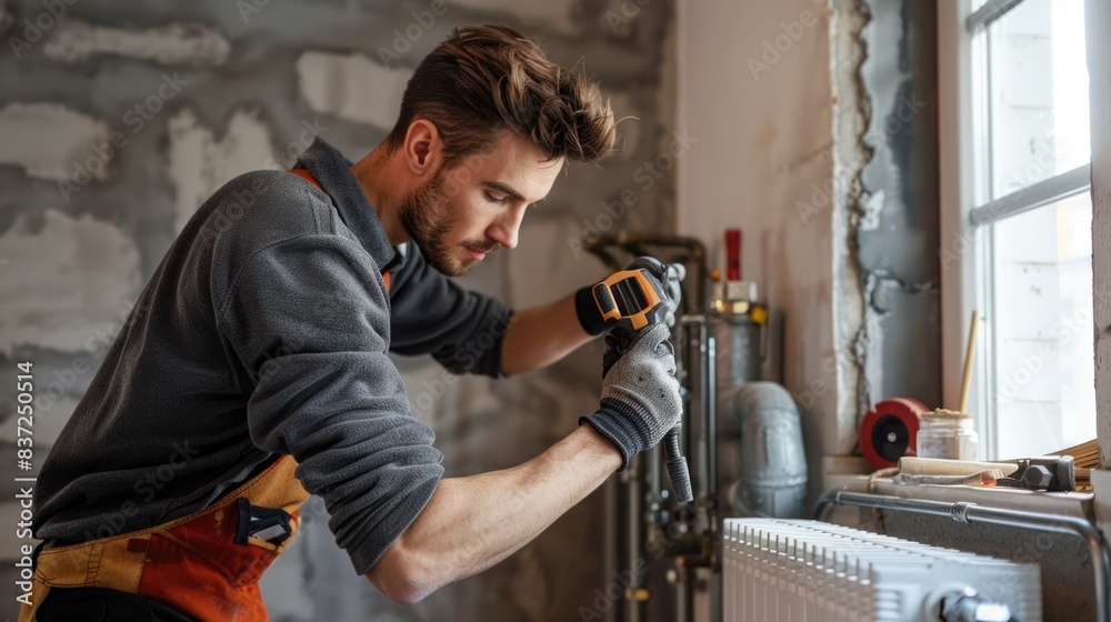 Poster A person fixing a leaky radiator in a room with tools and parts scattered around