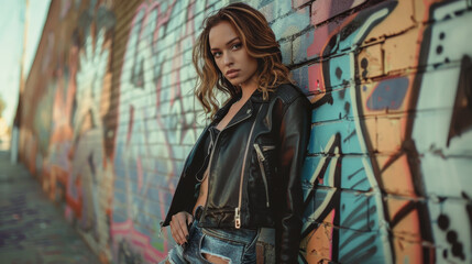 Naklejka premium A woman in a black leather jacket stands in front of a graffiti wall
