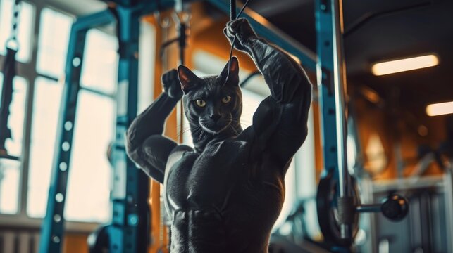 A domestic cat stands upright on the floor of a modern gym, surrounded by exercise equipment