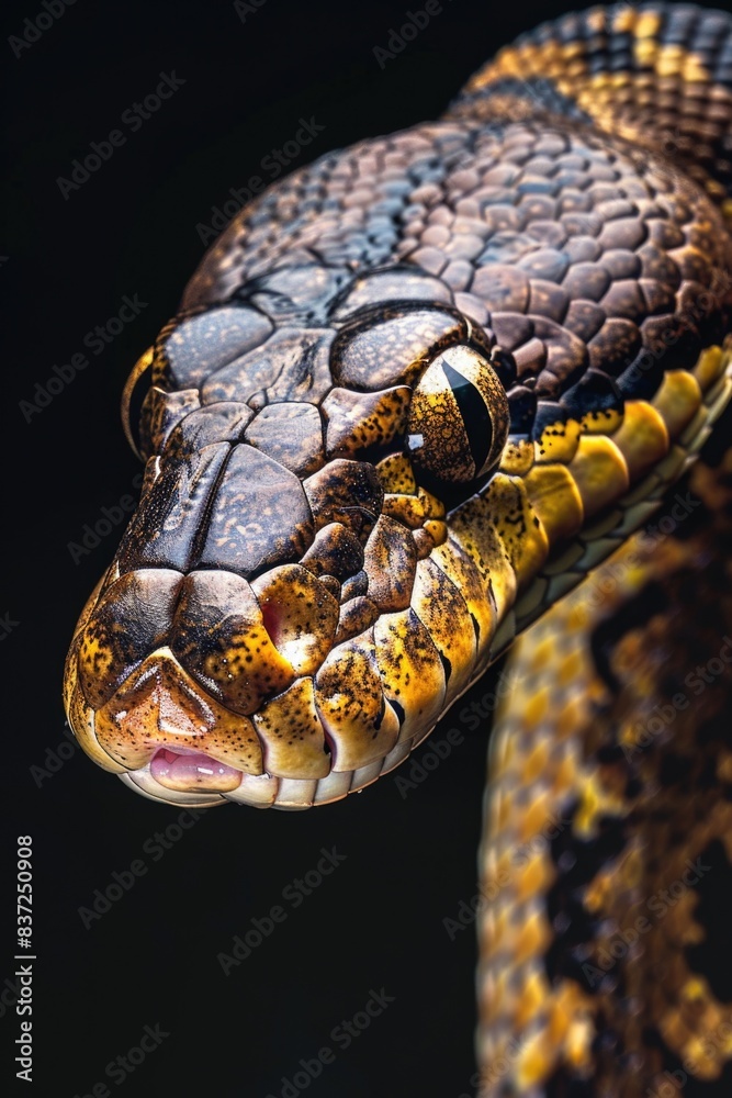 Poster a close-up image of a snake's head on a black background