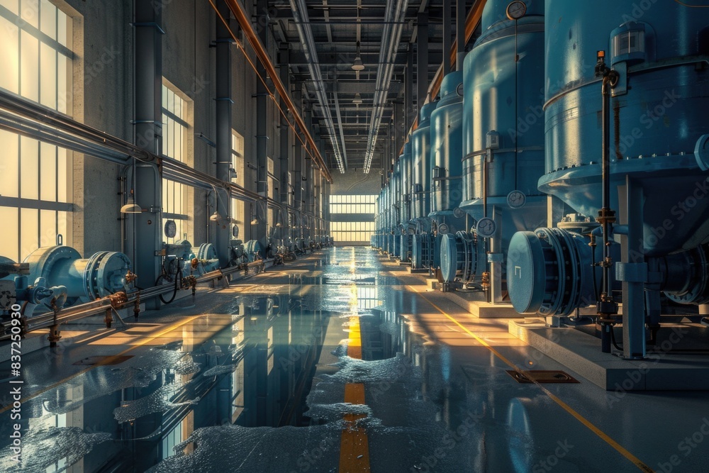 Poster a close-up view of a large industrial building's piping system, featuring multiple pipes and valves