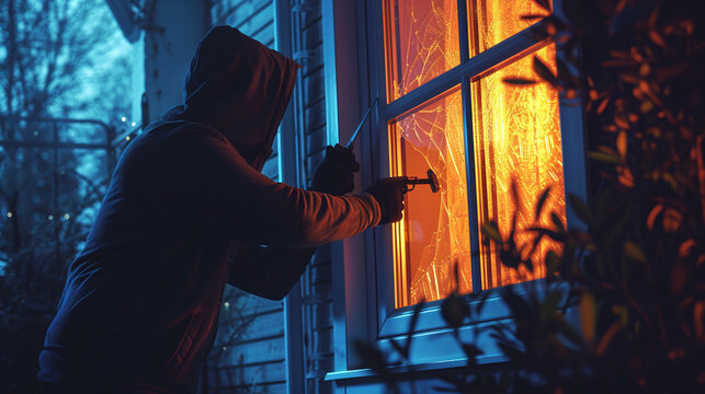 Burglar with a crow breaking into a house via window. A thief braking into home in the middle of the night.	