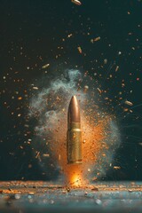 A single bullet explodes in mid-air, with fragments scattering in all directions