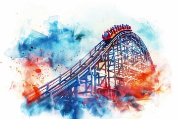 A colorful illustration of a roller coaster in watercolor style