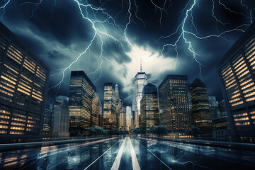 Dramatic lightning storm over city skyline at night - Powered by Adobe